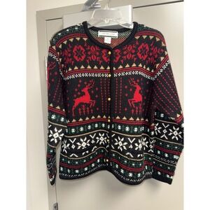 Crystal Kobe Women's Medium Christmas Reindeer Fair Isle Sweater Cardigan